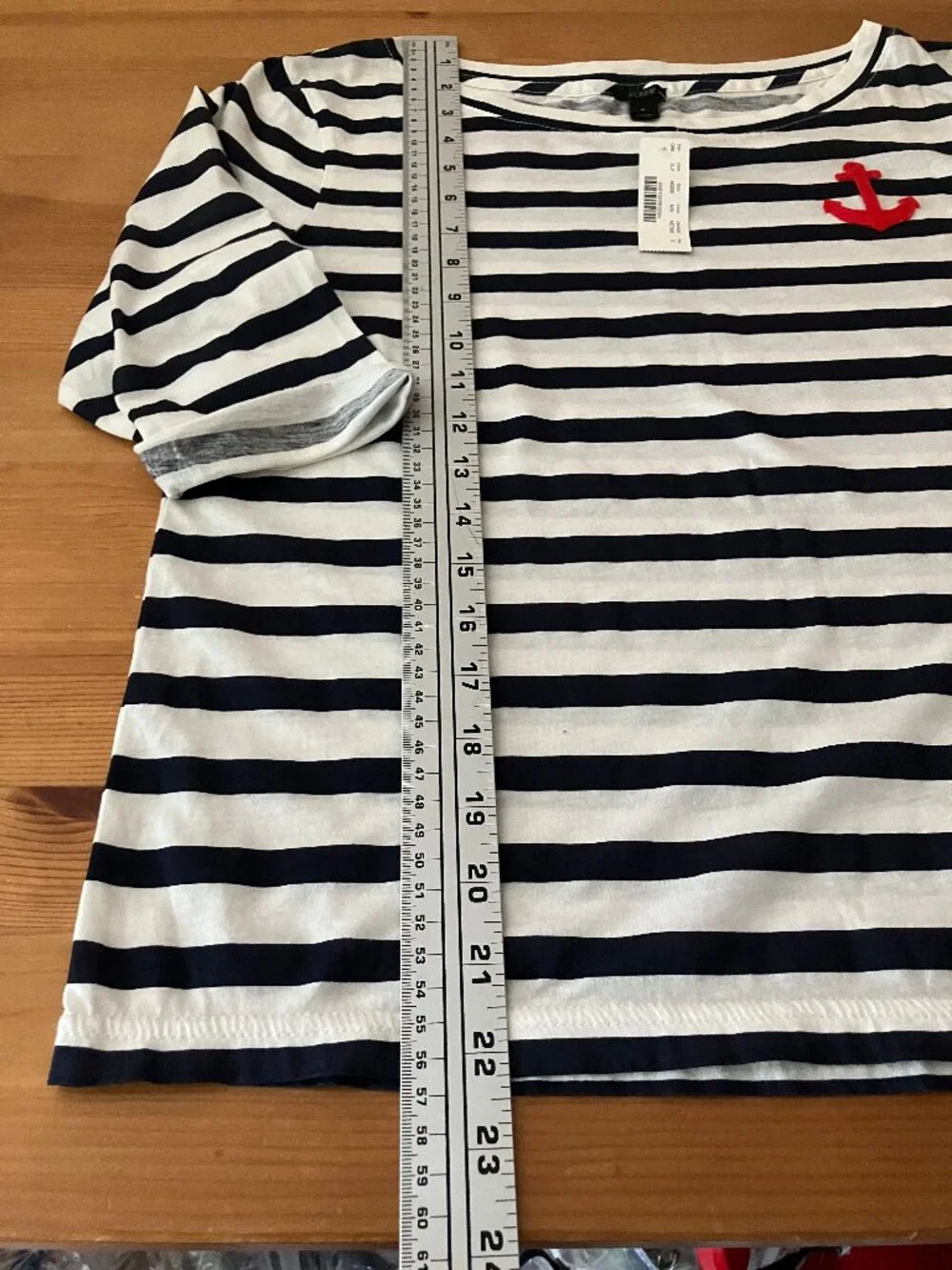 J.CREW Navy Blue/White striped T-shirt red anchor patch Cotton Boatneck Sz S